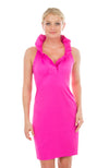 Front view of the Gretchen Scott Ruff Neck Sleeveless Jersey Dress in Solid Pink