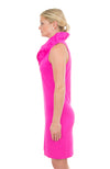 Side view of the Gretchen Scott Ruff Neck Sleeveless Jersey Dress in Solid Pink