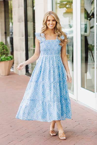 Full body view of the J. Marie Rylee Ruffle Strap Midi Dress