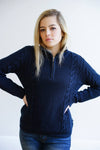 Model in the Holebrook Annika T-Neck Windproof Sweater - Navy