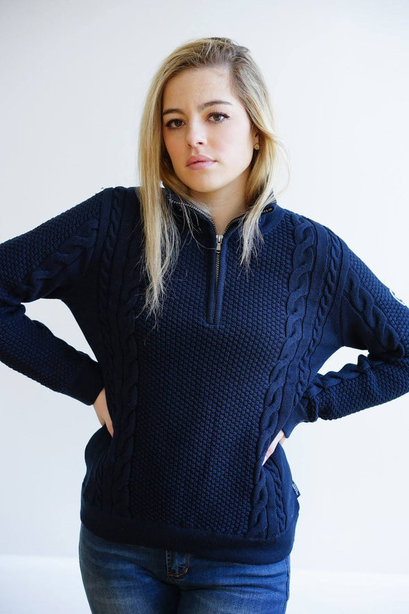 Model in the Holebrook Annika T-Neck Windproof Sweater - Navy