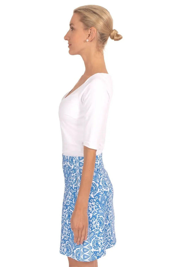 Side view of the Gretchen Scott Skippy Skort - East India - Blues