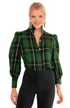 Model in the Gretchen Scott Juliette Blouse - Plaidly Cooper - Green Plaid