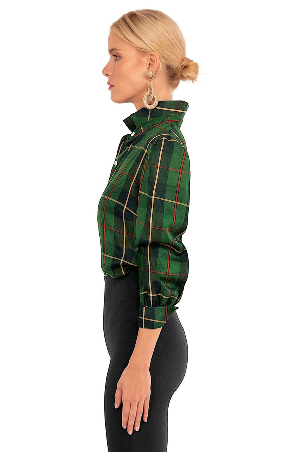 Side view of Gretchen Scott Juliette Blouse - Plaidly Cooper - Green Plaid