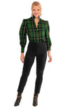 Full body view of the Gretchen Scott Juliette Blouse - Plaidly Cooper - Green Plaid