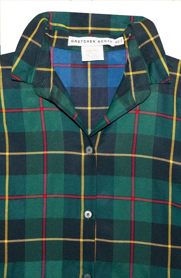 Flat view of the Gretchen Scott Juliette Blouse - Plaidly Cooper - Green Plaid