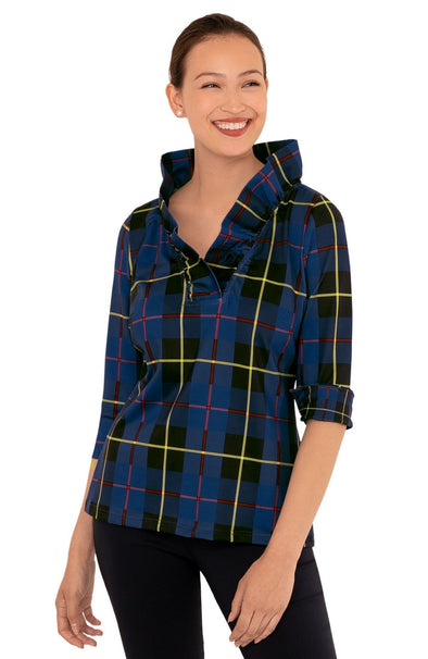 Front view of the Gretchen Scott Ruff Neck Top - Plaidly Cooper - Blue Plaid