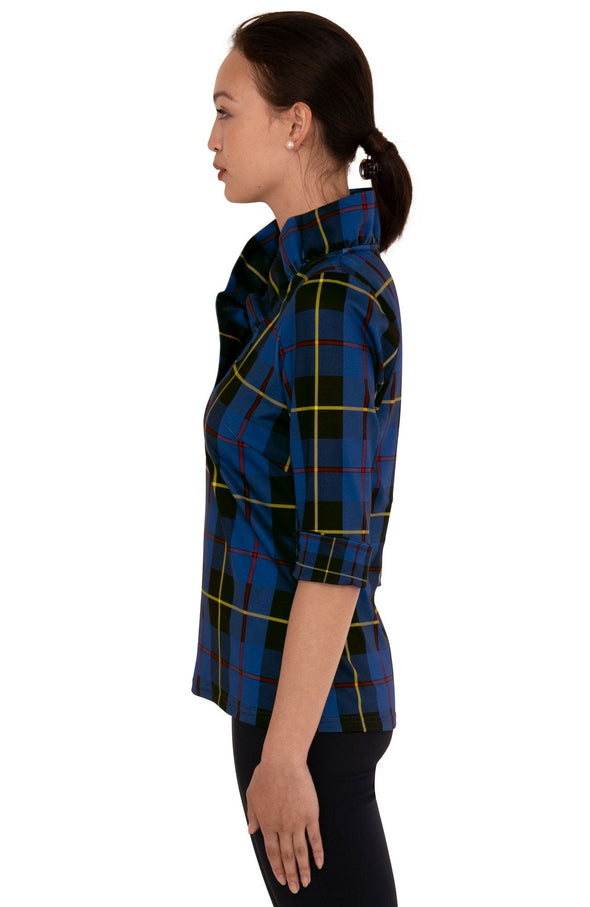 Side view of the Gretchen Scott Ruff Neck Top - Plaidly Cooper - Blue Plaid