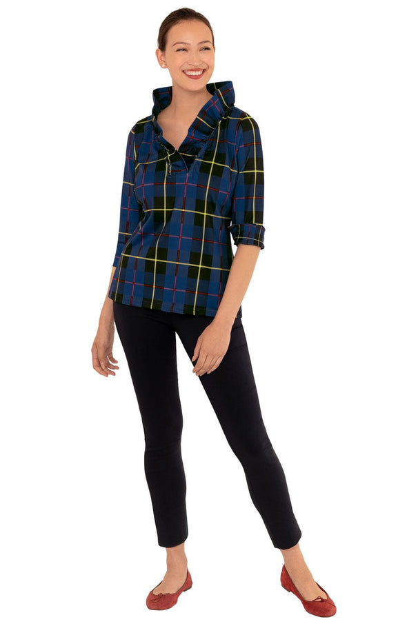 Full body view of the Gretchen Scott Ruff Neck Top - Plaidly Cooper - Blue Plaid