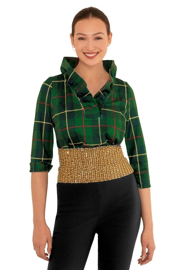 Front view of the Gretchen Scott Ruff Neck Top - Plaidly Cooper - Green Plaid