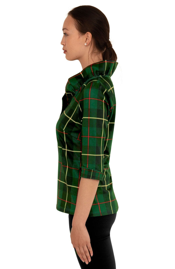Side view of the Gretchen Scott Ruff Neck Top - Plaidly Cooper - Green Plaid