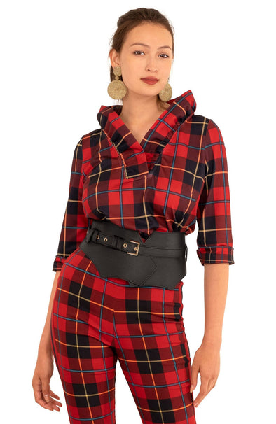 Front view of the Gretchen Scott Ruff Neck Top - Plaidly Cooper - Red Plaid*