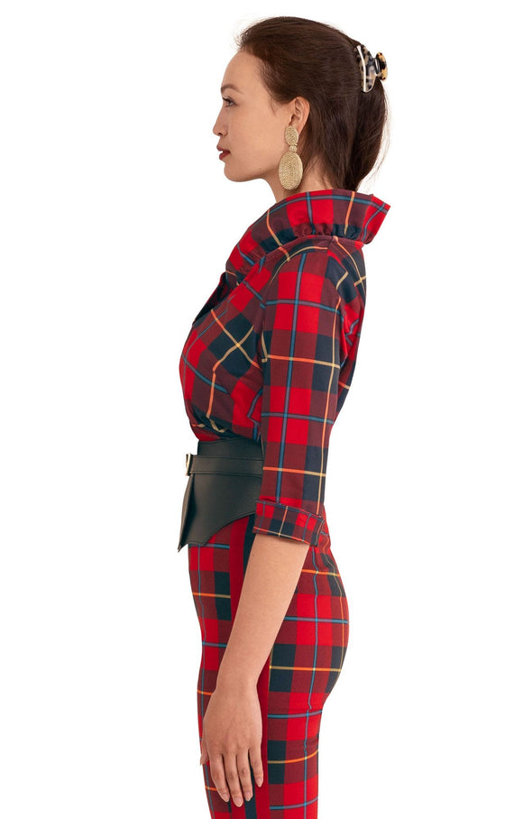Side view of the Gretchen Scott Ruff Neck Top - Plaidly Cooper - Red Plaid*