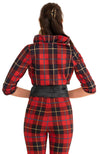 Back view of the Gretchen Scott Ruff Neck Top - Plaidly Cooper - Red Plaid*