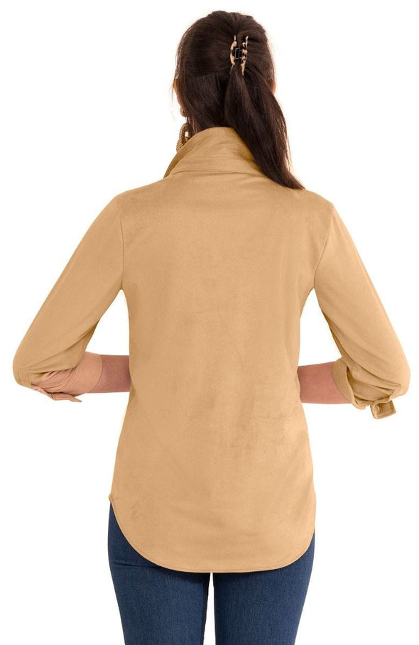 Back view of the Gretchen Scott Pop Over Top - Ultra Suede Beige