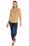 Full body view of the Gretchen Scott Pop Over Top - Ultra Suede Beige