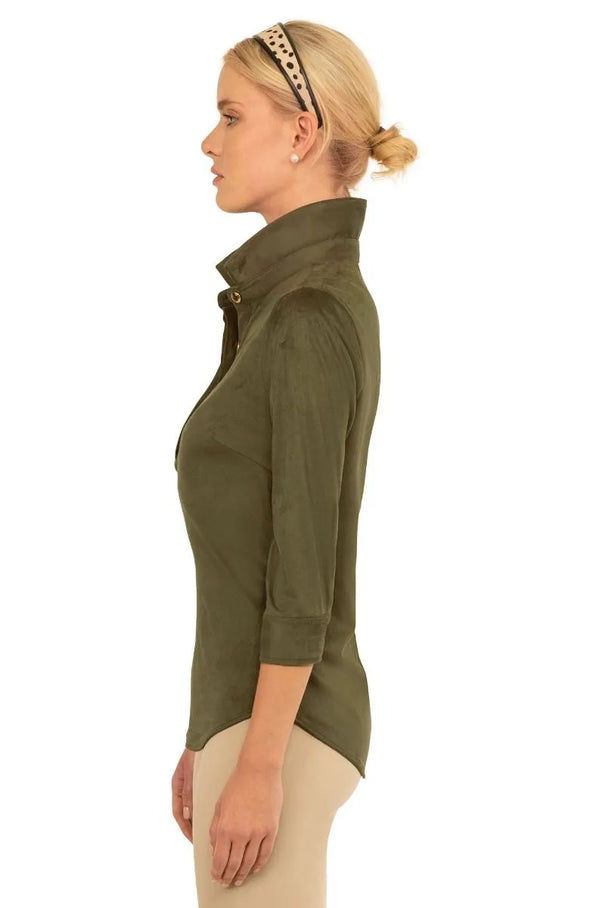 Side view of the Gretchen Scott Ultra Suede Pop Over Top - Olive