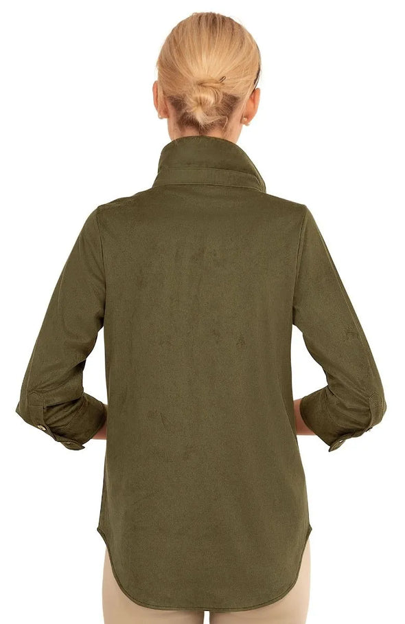 Back view of the Gretchen Scott Ultra Suede Pop Over Top - Olive
