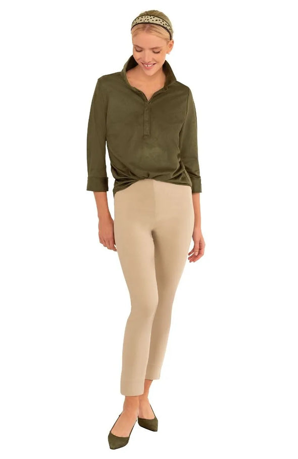 Full body view of the Gretchen Scott Ultra Suede Pop Over Top - Olive