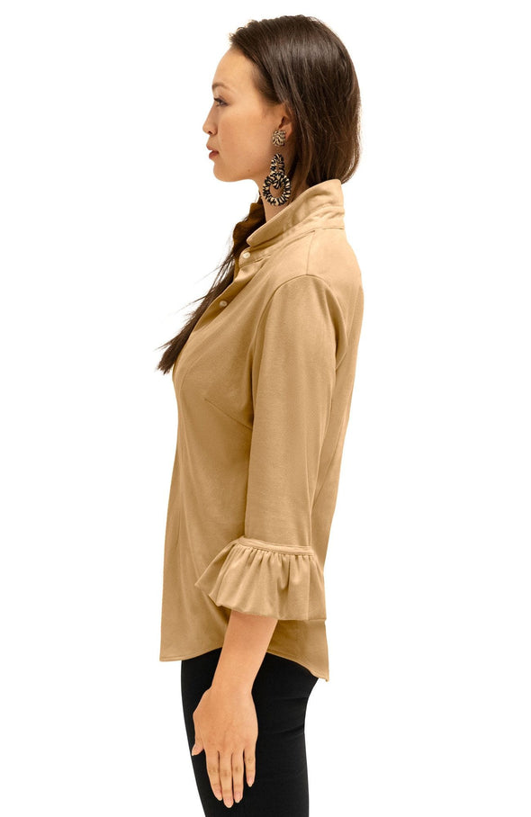 Side view of the Gretchen Scott Priss Top - Ultra Suede - Beige