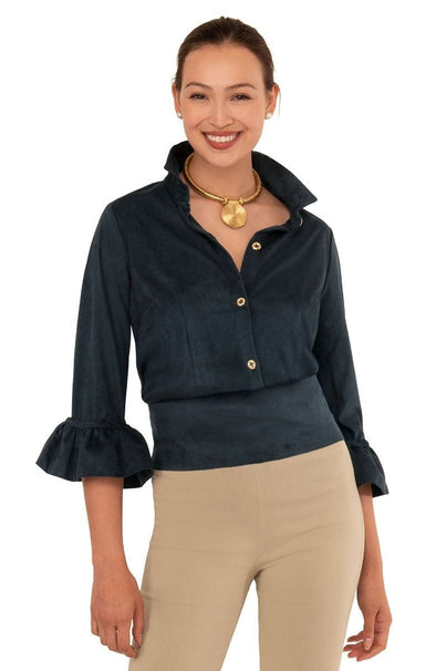 Front view of the Gretchen Scott Priss Top - Ultra Suede Navy