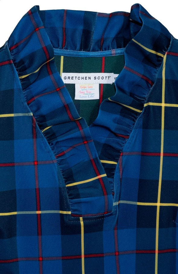 Neck details of the Gretchen Scott Ruff Neck Top - Plaidly Cooper - Blue Plaid