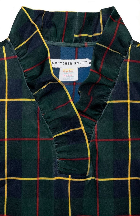 Neck details of the Gretchen Scott Ruff Neck Top - Plaidly Cooper - Green Plaid