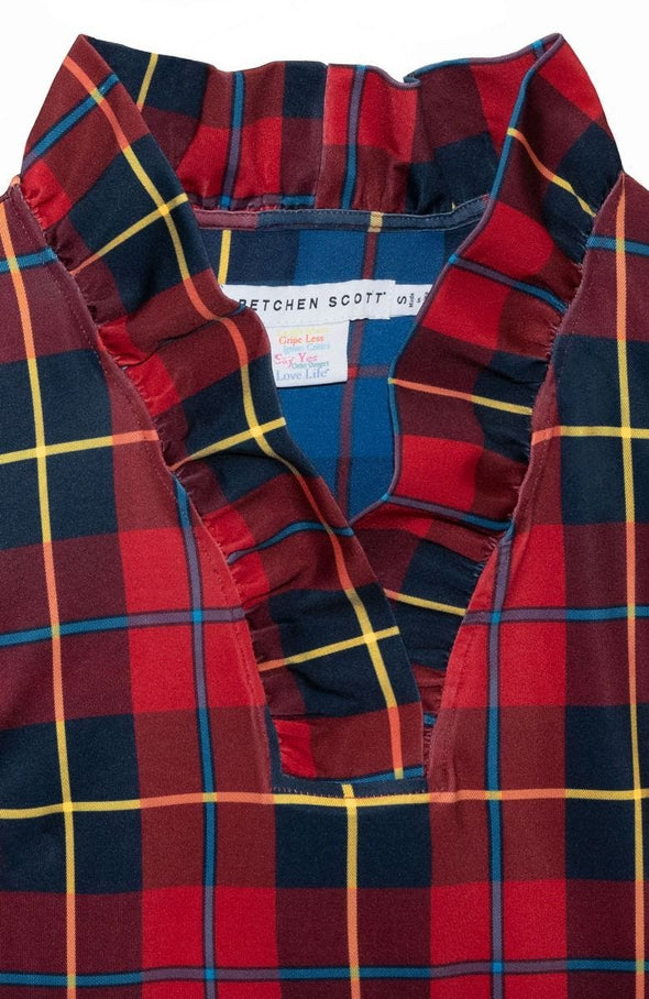 Neck details of the Gretchen Scott Ruff Neck Top - Plaidly Cooper - Red Plaid*